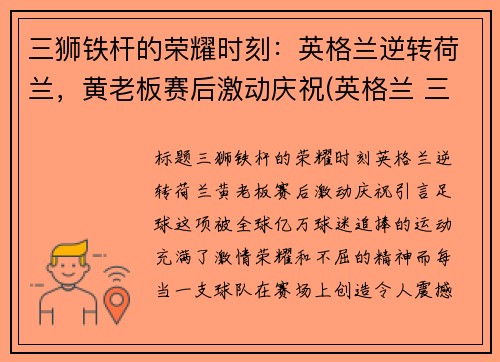三狮铁杆的荣耀时刻：英格兰逆转荷兰，黄老板赛后激动庆祝(英格兰 三狮)