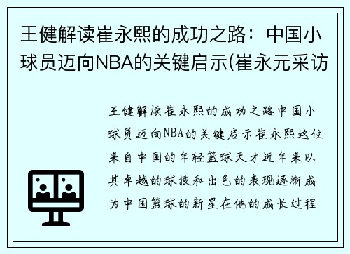 王健解读崔永熙的成功之路：中国小球员迈向NBA的关键启示(崔永元采访王健林)