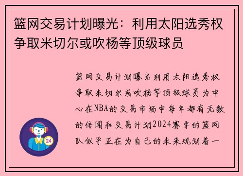 篮网交易计划曝光：利用太阳选秀权争取米切尔或吹杨等顶级球员