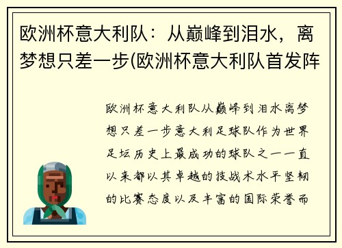 欧洲杯意大利队：从巅峰到泪水，离梦想只差一步(欧洲杯意大利队首发阵容)