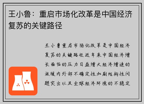 王小鲁：重启市场化改革是中国经济复苏的关键路径