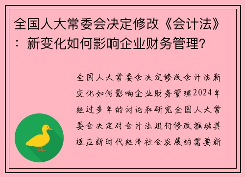 全国人大常委会决定修改《会计法》：新变化如何影响企业财务管理？