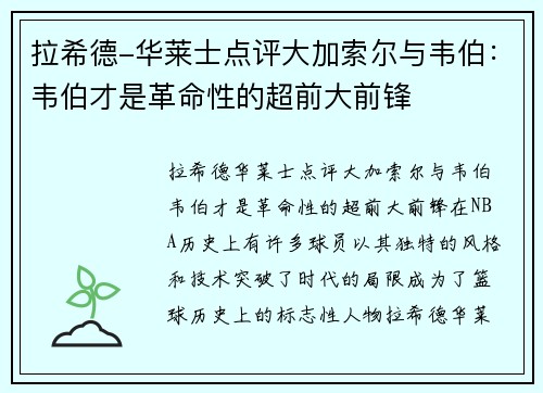 拉希德-华莱士点评大加索尔与韦伯：韦伯才是革命性的超前大前锋